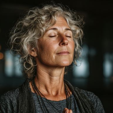 Idősebb hölgy jógázik természetes környezetben