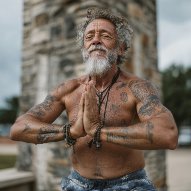 Egészséges idősebb pár jógázik a parkban